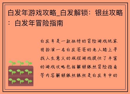 白发年游戏攻略_白发解锁：银丝攻略：白发年冒险指南