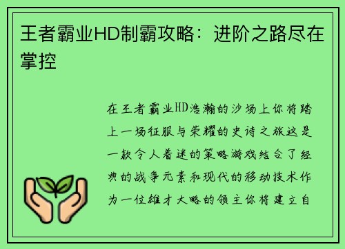 王者霸业HD制霸攻略：进阶之路尽在掌控