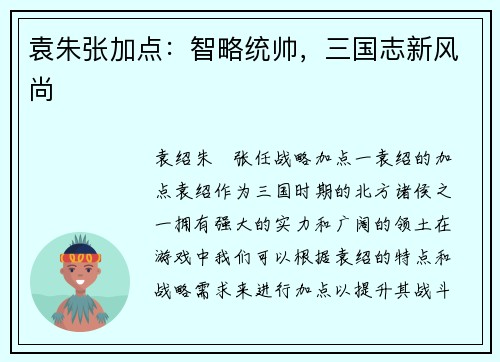 袁朱张加点：智略统帅，三国志新风尚