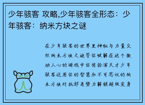 少年骇客 攻略,少年骇客全形态：少年骇客：纳米方块之谜